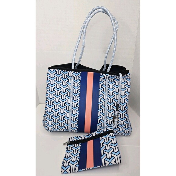 Neoprene Large Tote Bag With Zip Pouch Blue Geometric W KC Chic Designs Dust Bag - Picture 2 of 7